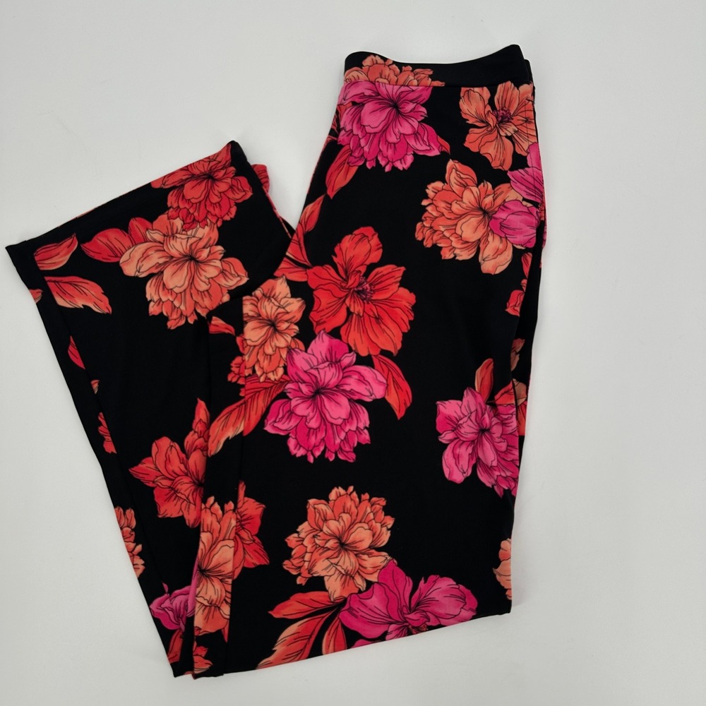 Susan Graver Women's Black Floral‎ Garden Bold Pink Coral Wide Leg Pants Size XS